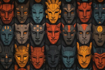 Wall Mural - Colorful collection of carved masks showcasing diverse artistic styles and cultural influences in a vibrant design