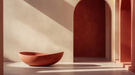 Wall Mural - A minimalist bathroom with an orange freestanding bathtub, complemented by concrete accents creating a serene atmosphere in the space