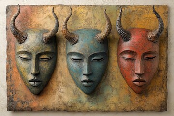 Wall Mural - Unique wall art displaying three horned masks in vibrant colors, featuring distinct expressions and textures