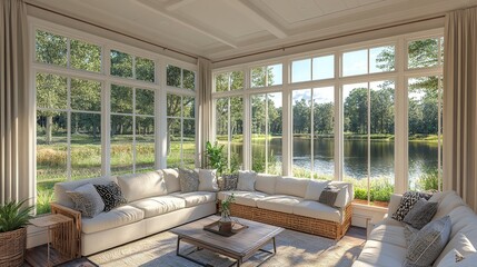 Wall Mural - Sunroom relaxation lake view, serene home interior, sunlight, summer