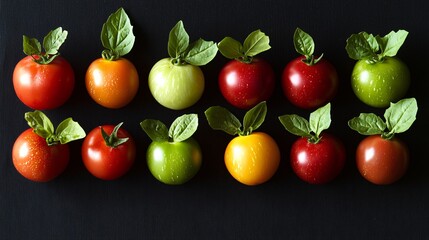 Poster - Colorful tomatoes arranged on black background, food photography for recipe or cookbook