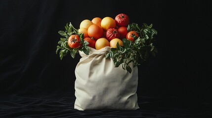 Poster - Colorful heirloom tomatoes in burlap sack, dark background, farm fresh produce, food photography