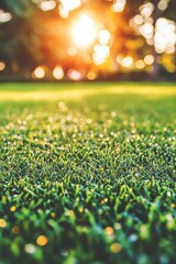 Wall Mural - Vibrant Green Meadow Bathed in Warm Golden Sunlight, with Bokeh Lights and Crisp Focus