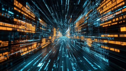 Futuristic Code Tunnel, Digital Data Flow, Abstract Technology, Vector Graphic, 3D Rendering