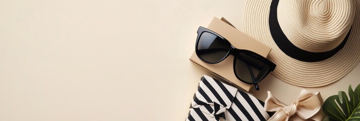 Leinwandbilder - Stylish accessories displayed in minimalist setup with hats, sunglasses, and bags ready for seasonal trends. Generative AI