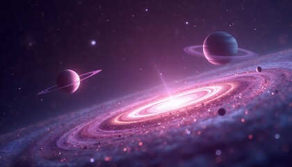 Wall Mural - cosmic galaxy with planets and rings space exploration concept art