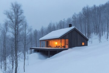 Wall Mural - Modern wooden cabin glowing in snowy winter wonderland