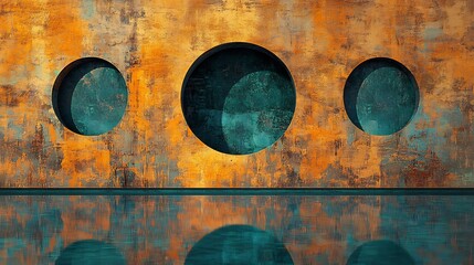 Canvas Print - Rustic Teal Circles Reflecting on Patina Wall. AI Generated