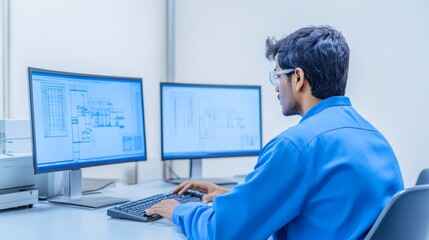 a focused individual working on complex data analysis with dual computer monitors