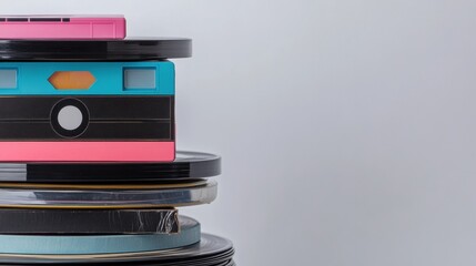 Poster - Colorful stack of vinyl records and retro cassettes featuring K pop inspired designs. Generative AI