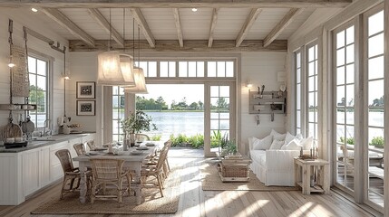 Wall Mural - Lakeside farmhouse interior design, sunlight streaming in, open plan living