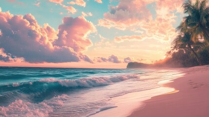 Wall Mural - Dreamy beach scene with pastel sky and rolling waves