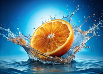 Wall Mural - Juicy Orange Slice Splashing from Clear Water - Vibrant Summer Fruit Photo