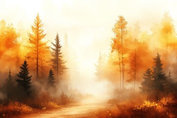 Wall Mural - Beautiful autumn forest path with mist and vibrant orange leaves in tranquil setting