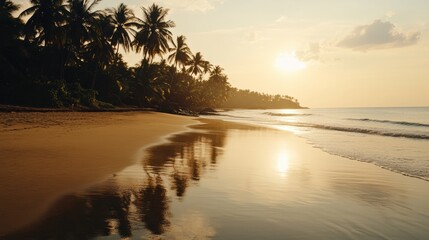 Poster - Sunset over a tropical beach with palm trees and calm waves reflecting golden light. Generative AI