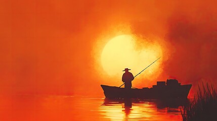 Wall Mural - Fisherman silhouetted against a glowing orange sky