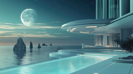 Wall Mural - Futuristic landscape with moonlit waters and glowing accents