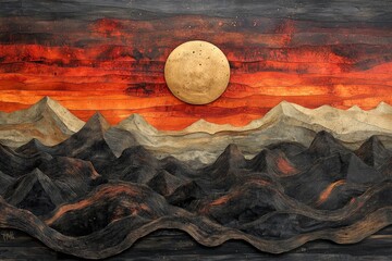 Wall Mural - Artistic wooden landscape mural depicting mountains and sun at sunset in warm colors