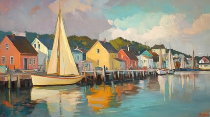 Wall Mural - Harbor scene with colorful houses and boats under soft evening light.