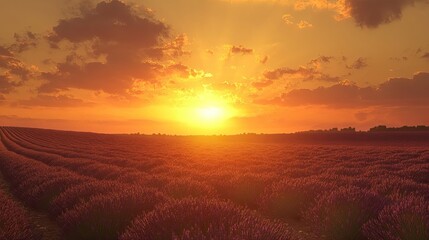 Wall Mural - Lavender fields stretching to the horizon under a golden sunset