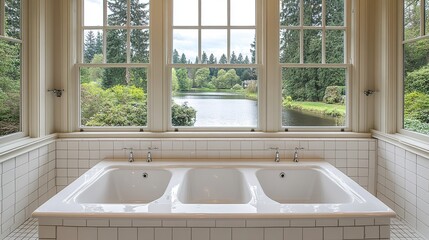 Luxurious triple sink bathroom, scenic lake view, tranquil estate, spa-like setting