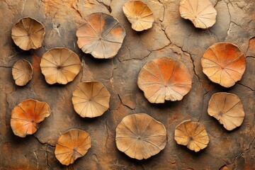 Wall Mural - Decorative wall art featuring unique brown and orange leaf-shaped designs against a textured, earthy background