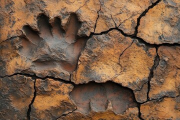 Wall Mural - Ancient handprints in cracked earth showcase prehistoric human activity in a arid landscape