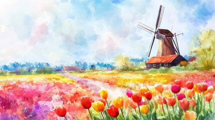 Poster - Colorful watercolor illustration of tulip fields with windmill in vibrant spring setting. Generative AI