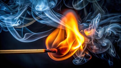 Aufkleber - A Single Matchstick Ignites into a Flame, Emitting Wispy Smoke Trails Against a Dark Background