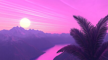 Canvas Print - Retro Sunset Palm Tree Mountains Landscape with Purple Hues and Bright Sun Radiating Rays