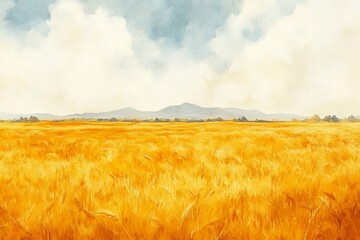 Wall Mural - Golden wheat field under a blue sky with distant mountains on a sunny day in the countryside