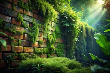 Wall Mural - Lush Greenery and Moss Covered Brick Wall - Architectural Stock Photo