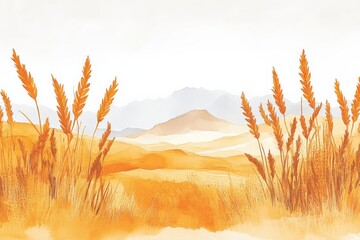 Wall Mural - Warm autumn landscape with golden grasses and soft mountains in the background during a tranquil sunset