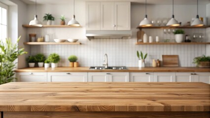 Poster - Empty wooden countertop with a blurred background of a modern kitchen with white cabinets, wood shelves, and natural light.