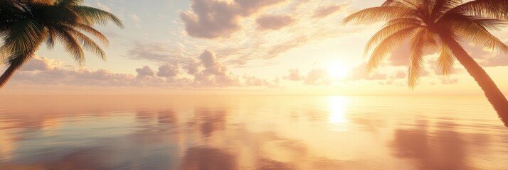 Poster - Beautiful sunset over a tranquil ocean with palm trees framing the view on a peaceful evening. Generative AI