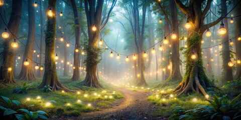Poster - A magical forest path illuminated by string lights, creating an enchanting ambiance. The path leads through the misty woods, inviting exploration and wonder.