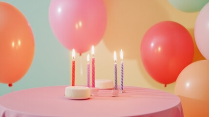 Aufkleber - Colorful birthday celebration with vibrant balloons and glowing candles on a festive table. Generative AI