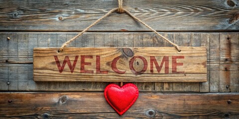 Poster - A Rustic Wooden Sign with a Red Heart Hanging Below, Reads Welcome