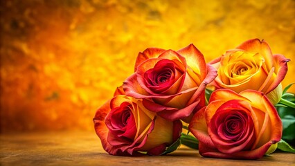 Wall Mural - Macro Close-up of Delicate Roses on a Textured Yellow Background with Copy Space