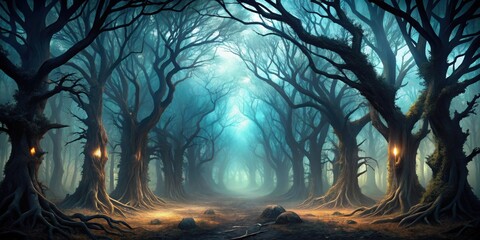 Poster - A path through a mystical forest with ancient trees, glowing with an ethereal light. The air is thick with fog, creating an atmosphere of mystery and wonder.