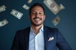 © Milos - A confident businessman radiating success and joy as cash notes cascade around him, highlighting the essence of financial achievement and self-assuredness in a stylish office.
