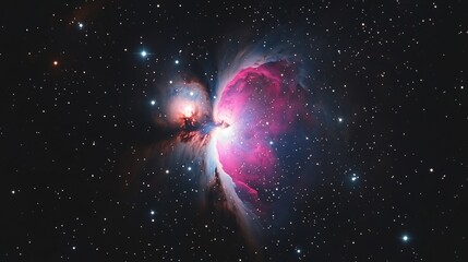 Wall Mural - awe-inspiring galaxy scene with pink and purple nebula glowing stars and beams of light in swirling 