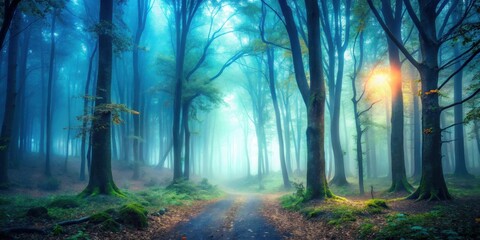 Poster - A Mystical Path Through a Foggy Forest Bathed in the Soft Glow of the Setting Sun