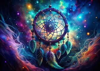 Wall Mural - Macro Dreamcatcher: Celestial Boho Art on Dreamy Texture - Stock Photo