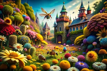 Wall Mural - Macro Fantasy Farmyard: Vibrant Castle Pattern Details