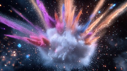 Poster - Cosmic Color Explosion: A vibrant burst of multicolored powder against a dark background, resembling a nebula or supernova.