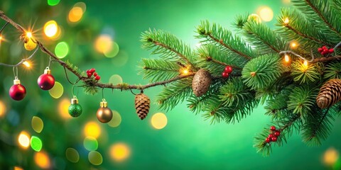 Poster - A Festive Evergreen Branch Adorned with Ornaments and Twinkling Lights, a Symbol of Holiday Cheer