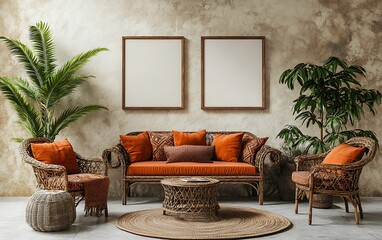 Wall Mural - Tropical living room mockup, boho interior design, textured wall, wicker furniture