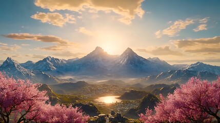 Wall Mural - Serene Mountain Landscape with Pink Blossoms and Golden Sunset Views Captured in Nature Shot