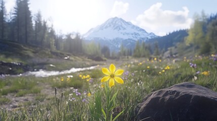 Canvas Print - Serene Mountain Landscape with Yellow Flower in Focus displaying Wilderness Environment